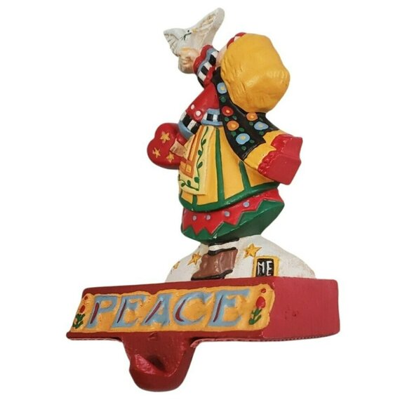 VTG Mary Engelbreit Cast Iron Stocking Hanger Christmas PEACE Girl Dove Holder - Picture 4 of 14